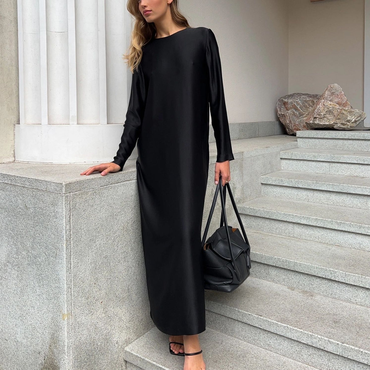 Long-sleeved Slit Satin Sheath Bottoming Maxi Dress