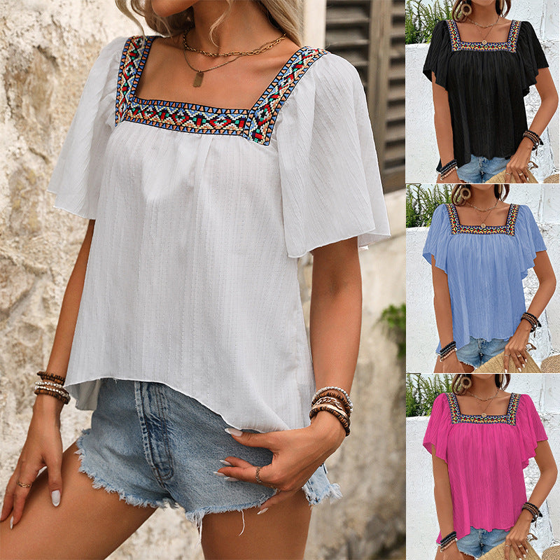 Chic Backless Square Collar Short Sleeve Pullover Shirt