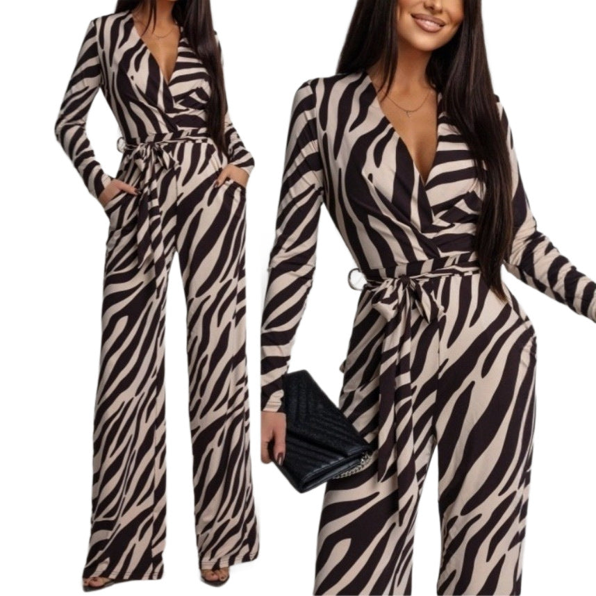 Zebra-Print V-Neck Long-Sleeve Jumpsuit European And American Fashion Style