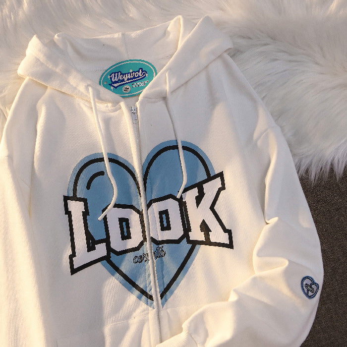 Polyester Fiber Hooded Sweater Students Korean Style Loose Design Couple Coat