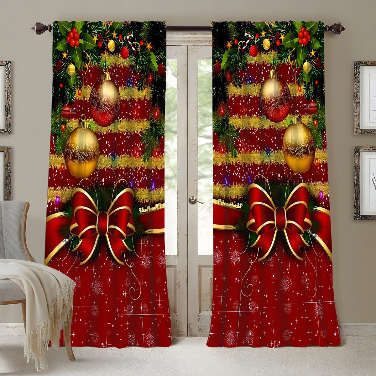 2pcs Christmas Curtain 3d Digital Printing Flower Type