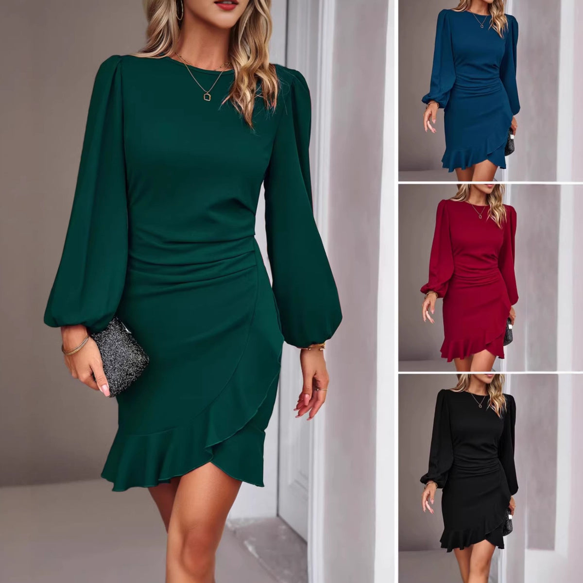 2026 New European American Women Puff Long Sleeve Wrap Mini Dress Round Neck Ruched Waist Ruffle Hem Elegant Party Bodycon Dress