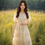 French-style Bohemian Yellow Floral Puff-sleeve Dress for Women