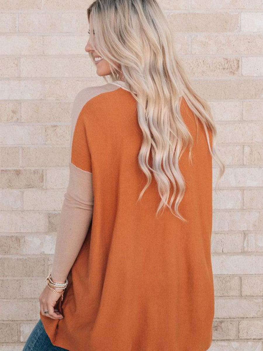 Orange Color-Block Pocket Long-Sleeve Hoodie