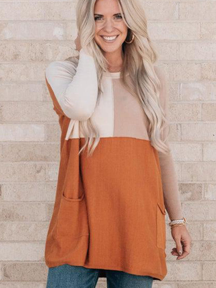 Orange Color-Block Pocket Long-Sleeve Hoodie