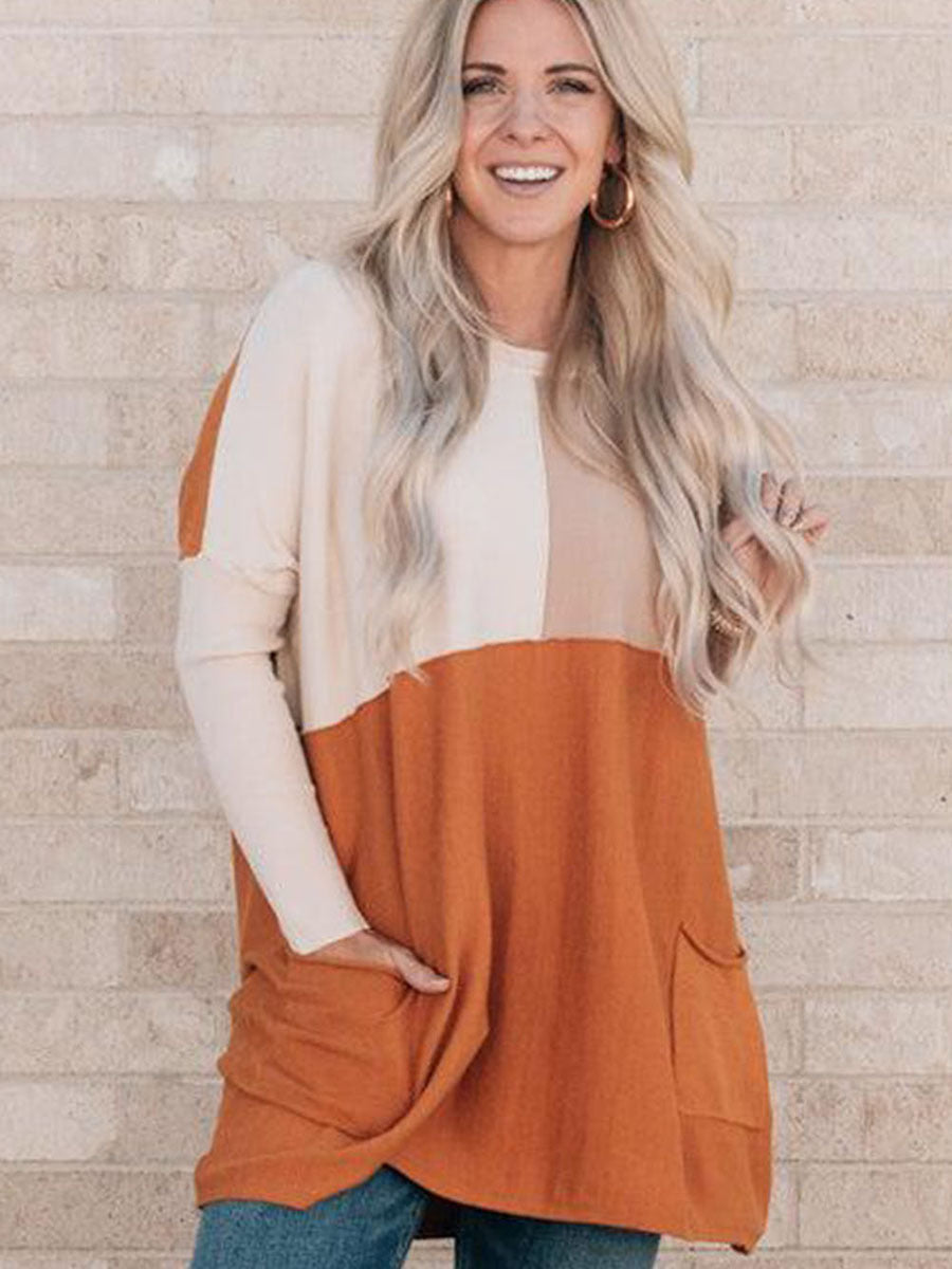 Orange Color-Block Pocket Long-Sleeve Hoodie