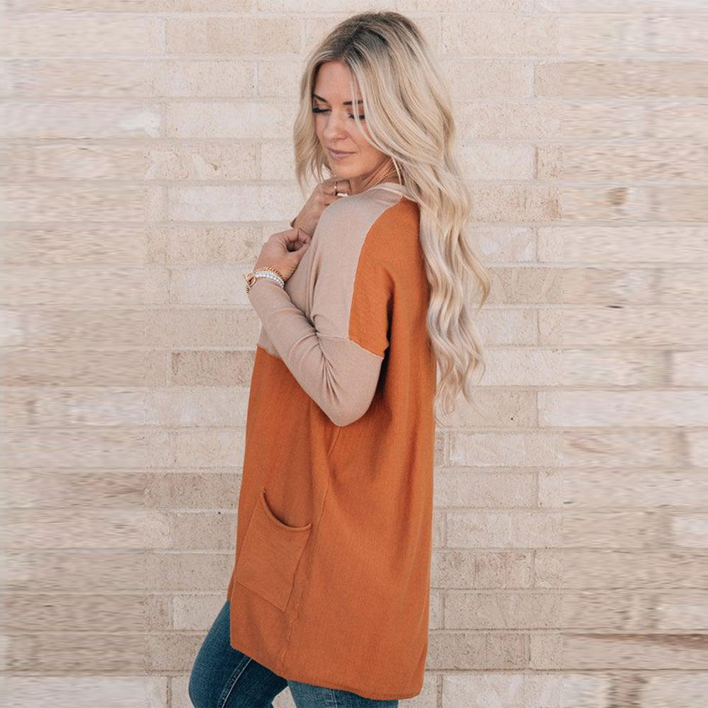 Orange Color-Block Pocket Long-Sleeve Hoodie