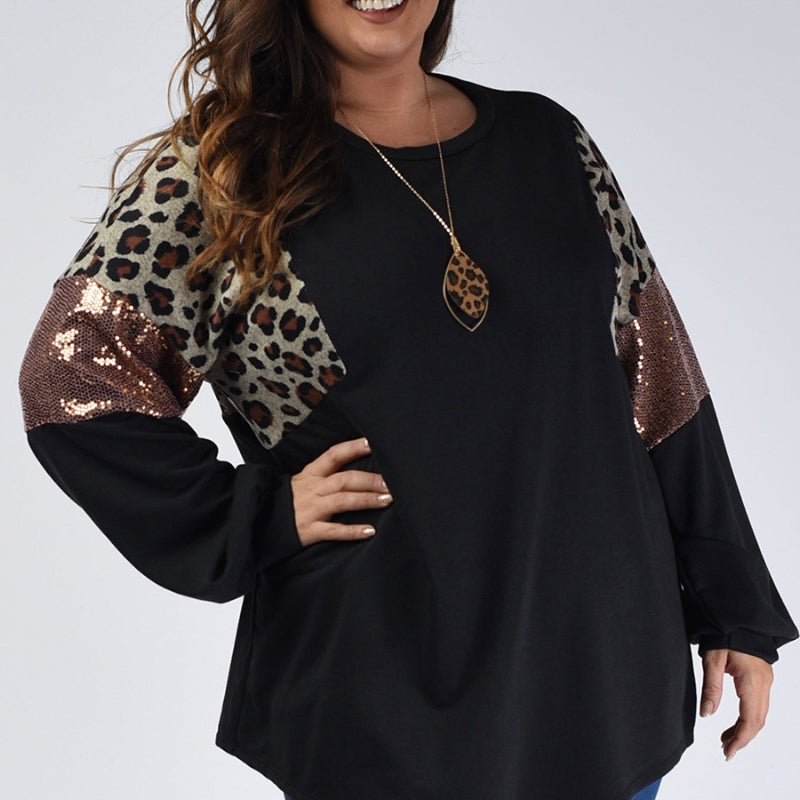 Leopard Print Long Sleeve Sequin Pullover Sweatshirt