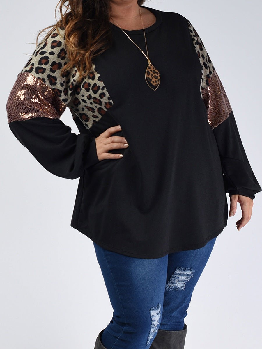 Leopard Print Long Sleeve Sequin Pullover Sweatshirt