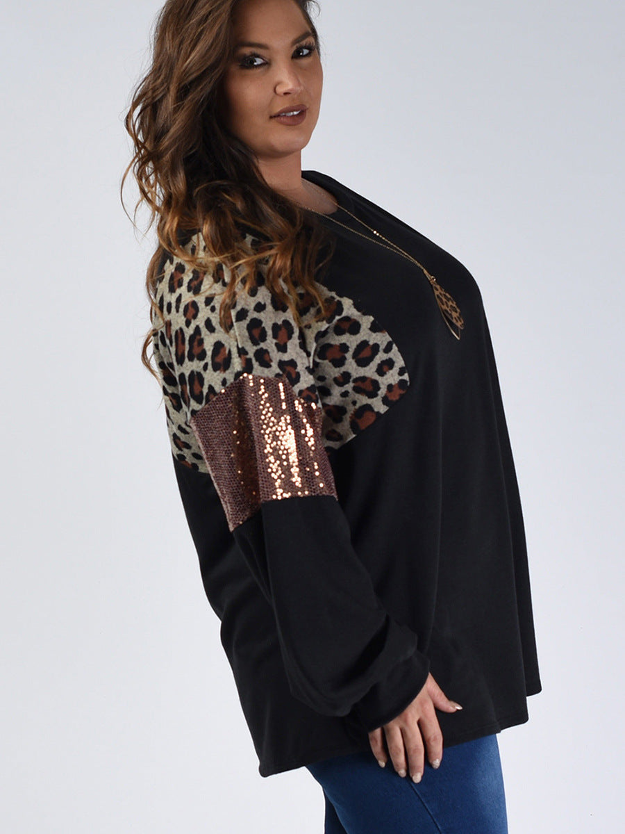 Leopard Print Long Sleeve Sequin Pullover Sweatshirt