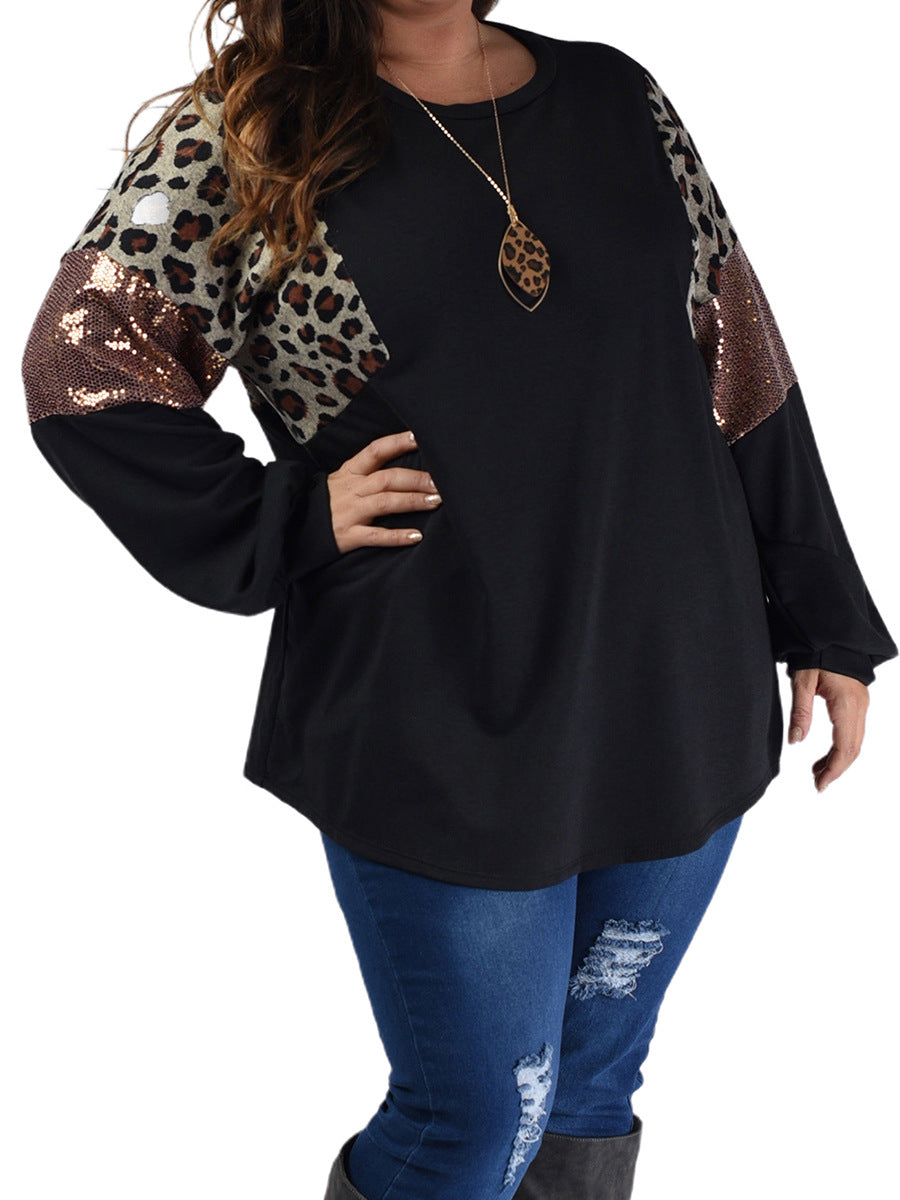 Leopard Print Long Sleeve Sequin Pullover Sweatshirt