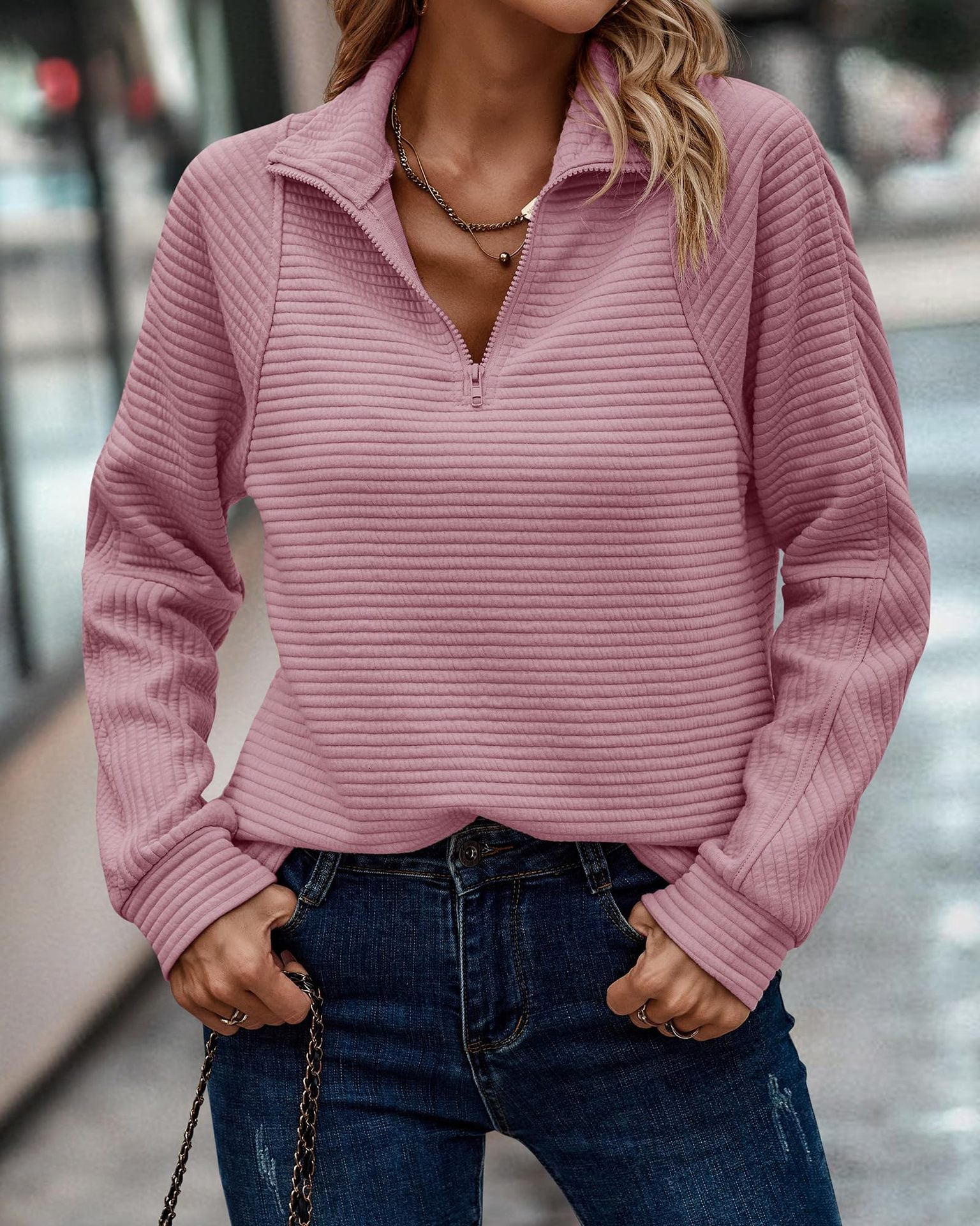 Women's Striped Zipper Stand Collar Sweatshirt