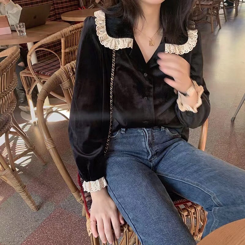 Velvet Lapel Single Breasted Lace Stitching Shirt