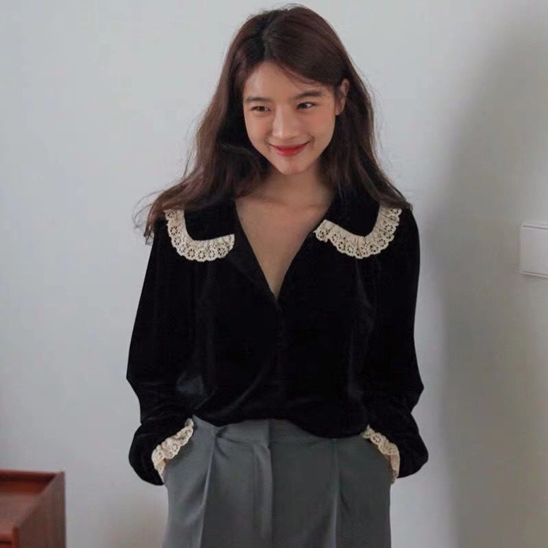 Velvet Lapel Single Breasted Lace Stitching Shirt