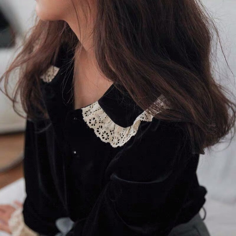 Velvet Lapel Single Breasted Lace Stitching Shirt