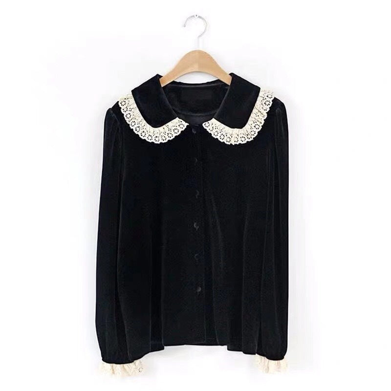 Velvet Lapel Single Breasted Lace Stitching Shirt