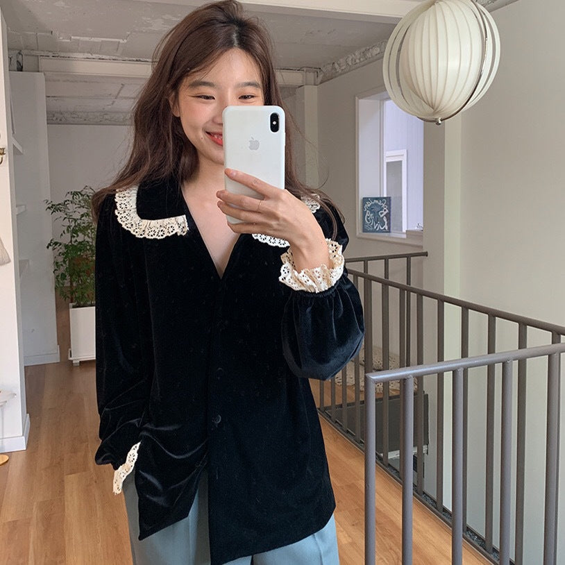 Velvet Lapel Single Breasted Lace Stitching Shirt