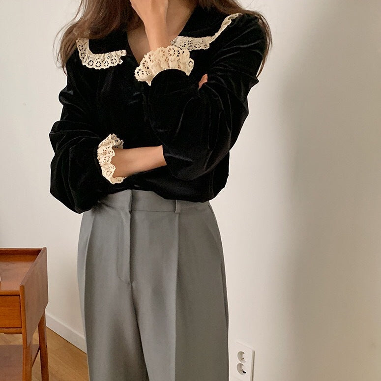 Velvet Lapel Single Breasted Lace Stitching Shirt