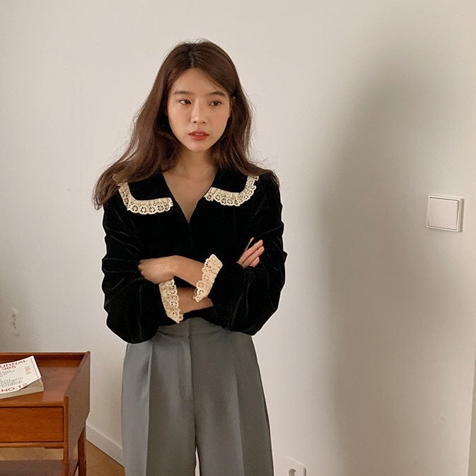 Velvet Lapel Single Breasted Lace Stitching Shirt