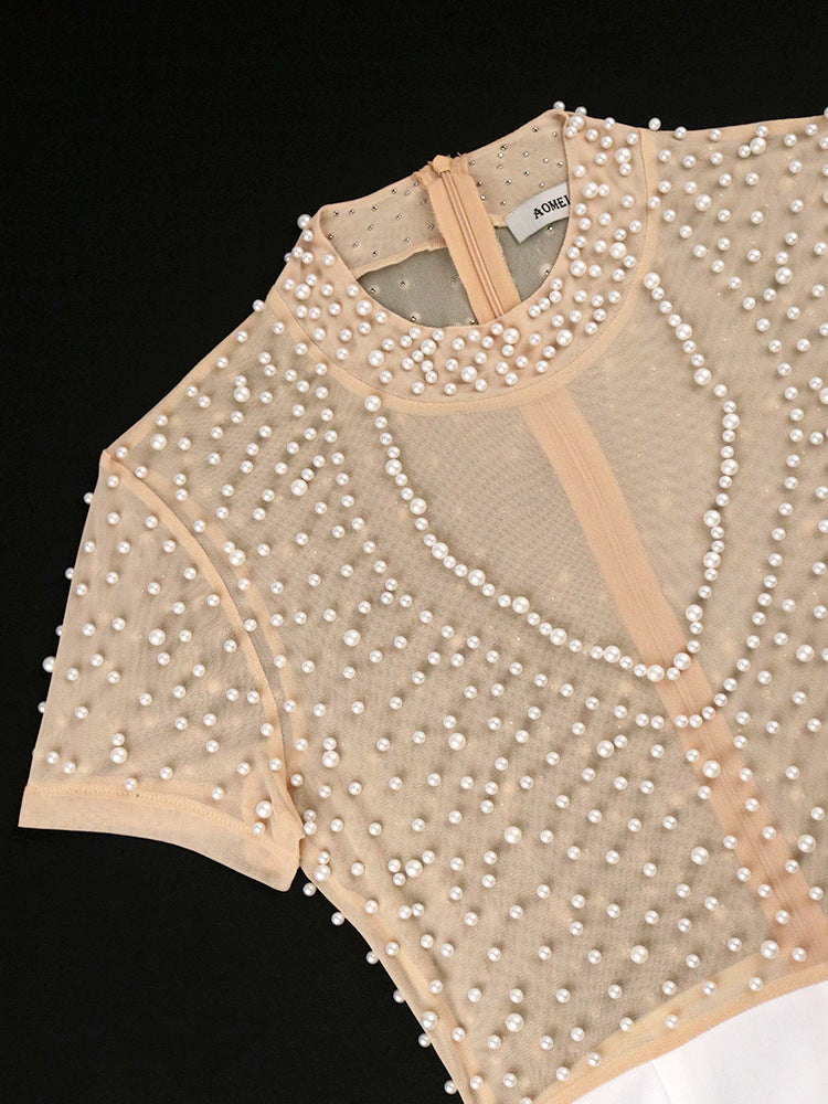 Casual Style High Waist Flattering Round-neck Short Sleeve Beaded Jumpsuit
