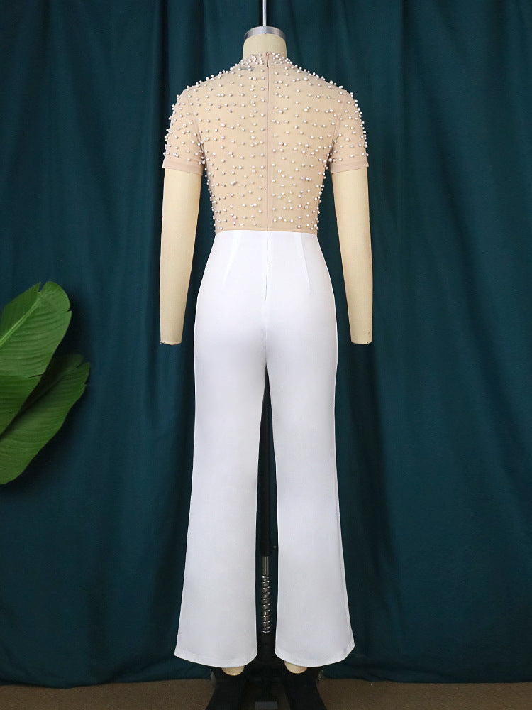 Casual Style High Waist Flattering Round-neck Short Sleeve Beaded Jumpsuit
