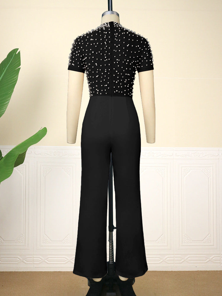 Casual Style High Waist Flattering Round-neck Short Sleeve Beaded Jumpsuit