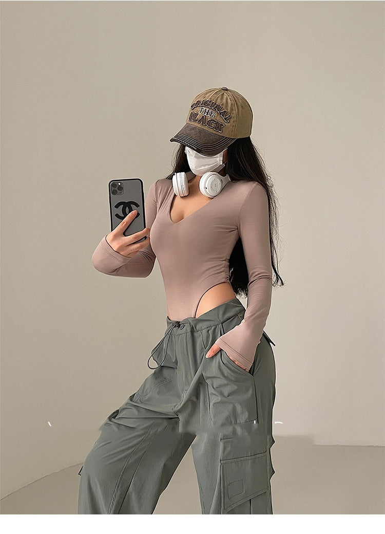 Hot Girl Sexy V-neck Elastic Skinny Slimming Long Sleeve Solid Color Base Bodysuit T-shirt Top