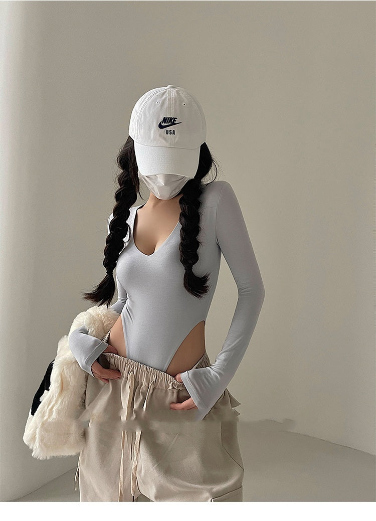 Hot Girl Sexy V-neck Elastic Skinny Slimming Long Sleeve Solid Color Base Bodysuit T-shirt Top