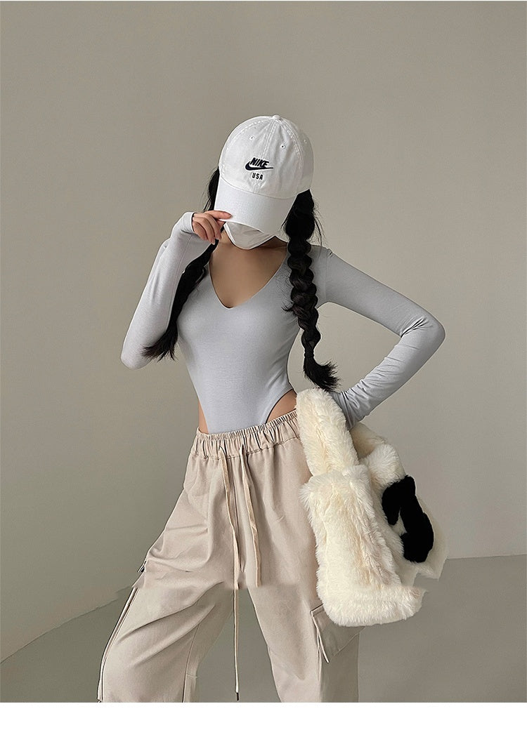 Hot Girl Sexy V-neck Elastic Skinny Slimming Long Sleeve Solid Color Base Bodysuit T-shirt Top