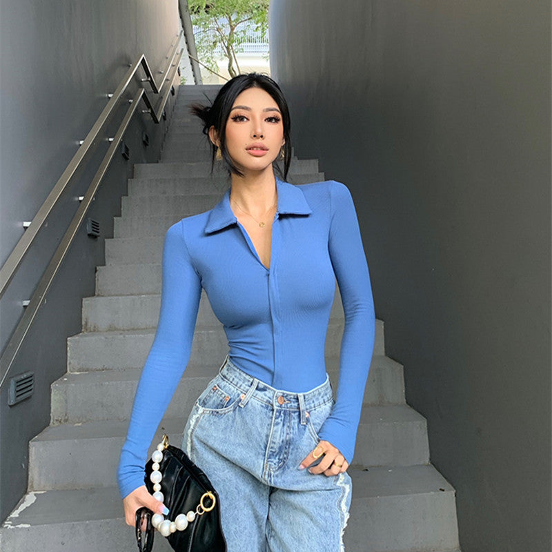Hot Girl Women's Irregular Skinny V-neck Long Sleeve Jumpsuit Underwear Bottoming Shirt