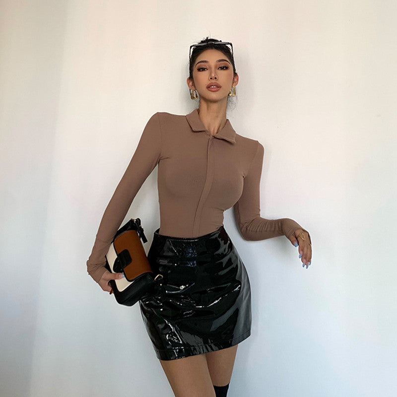 Hot Girl Women's Irregular Skinny V-neck Long Sleeve Jumpsuit Underwear Bottoming Shirt