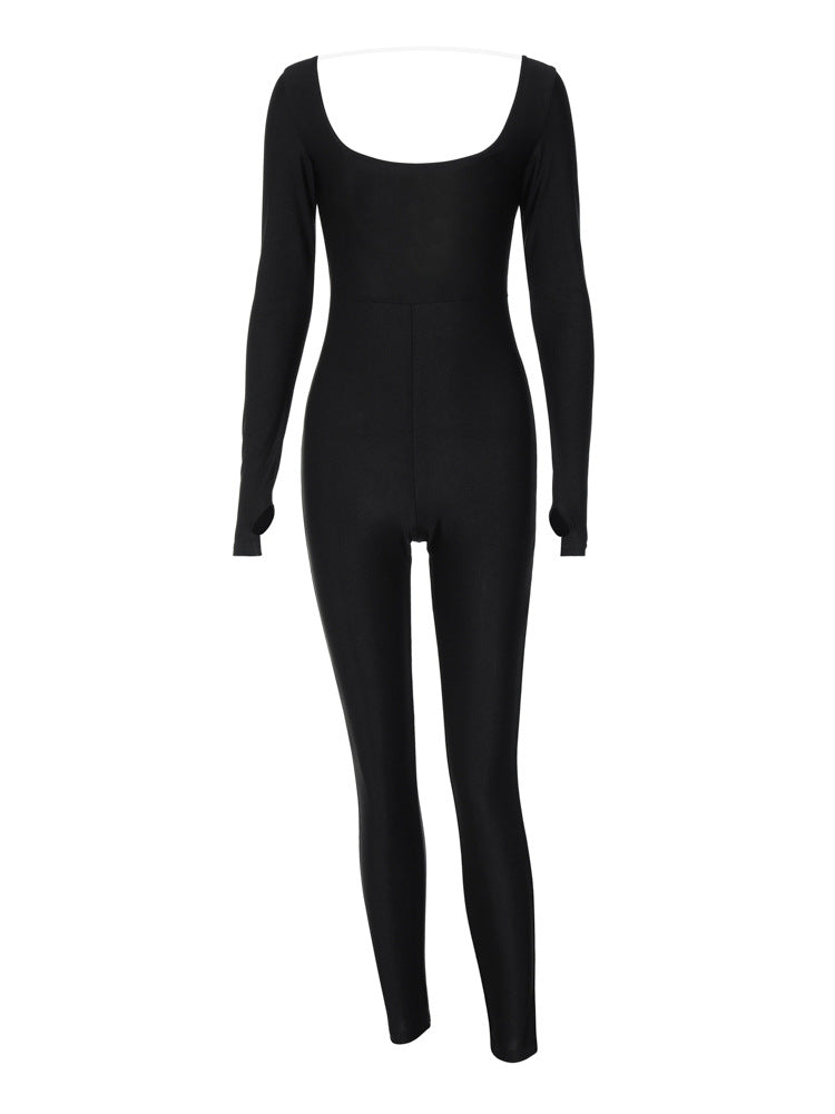 Women's Big U-neck Long-sleeved Slim-fit Sheath Jumpsuit