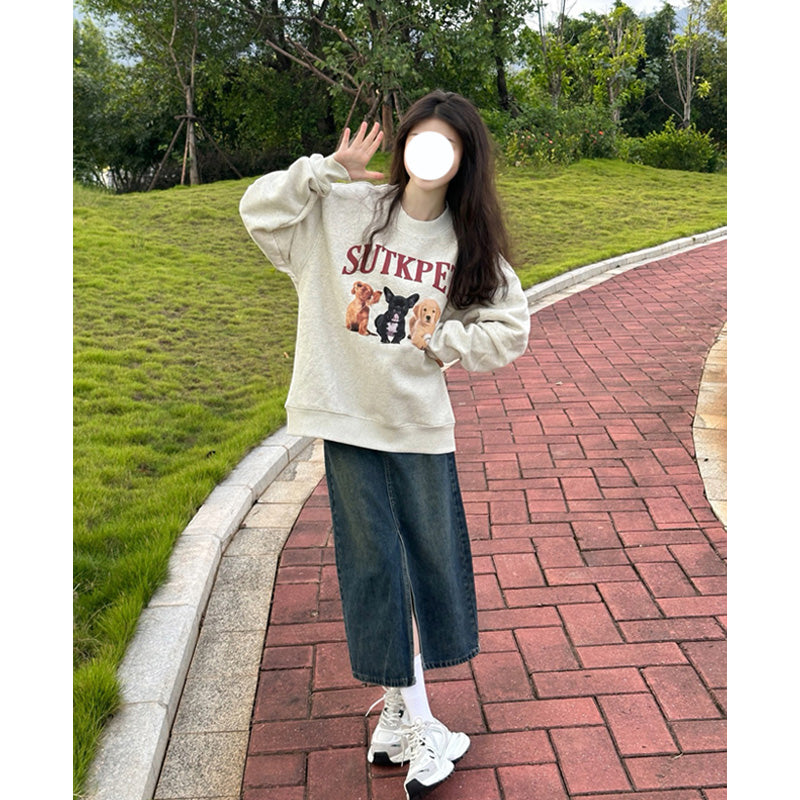 Retro Cartoon Puppy Gray Pullover Sweater