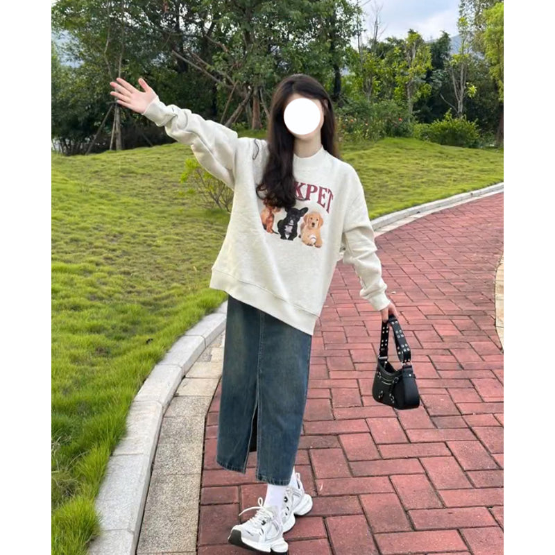 Retro Cartoon Puppy Gray Pullover Sweater