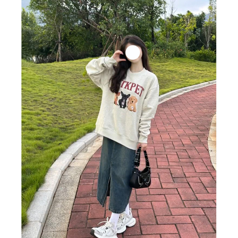 Retro Cartoon Puppy Gray Pullover Sweater