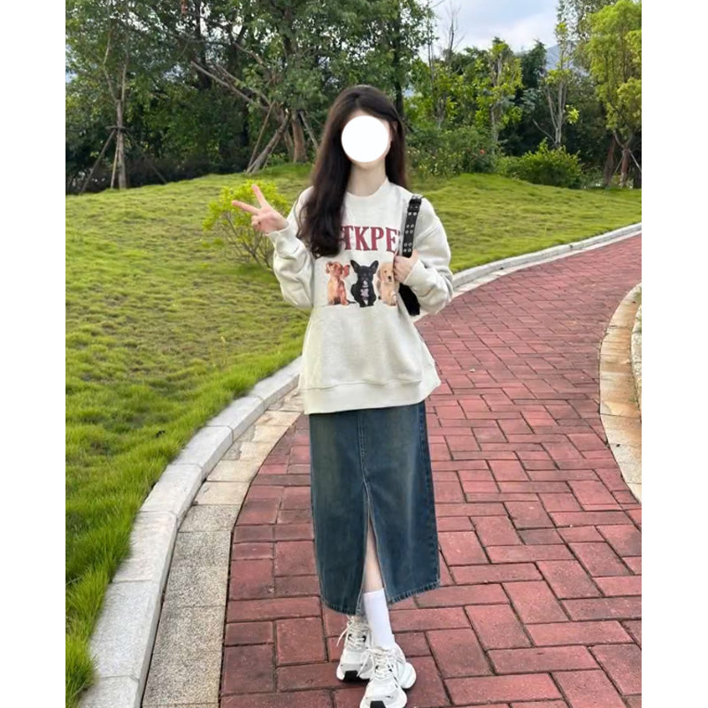 Retro Cartoon Puppy Gray Pullover Sweater