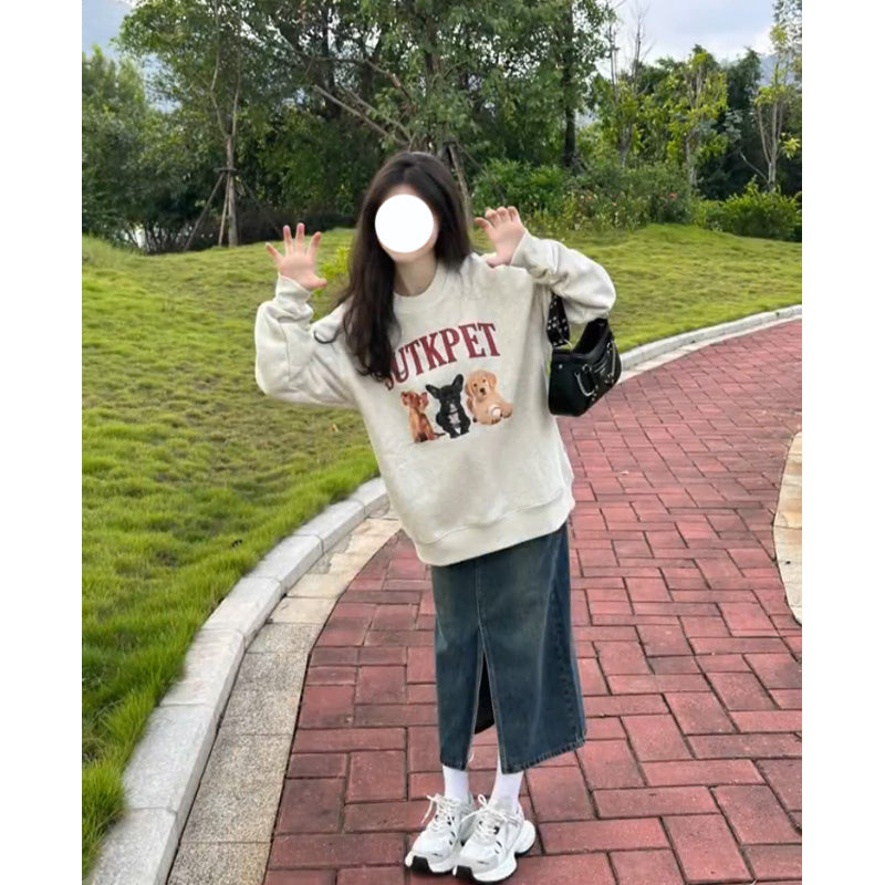 Retro Cartoon Puppy Gray Pullover Sweater