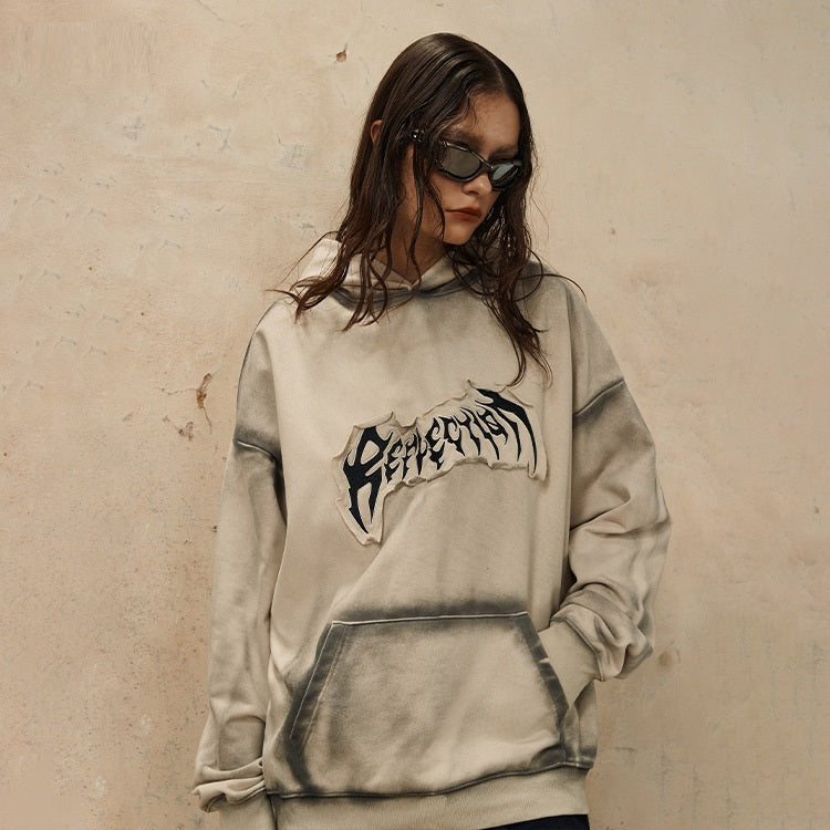 Embroidered Frayed Hem Loose Hoodie