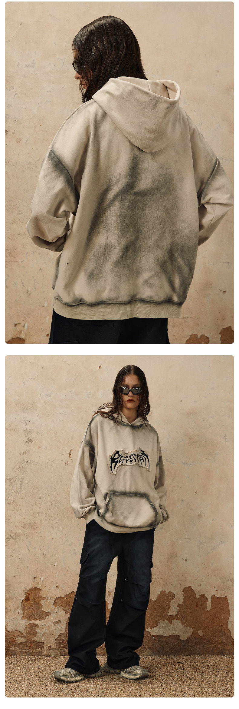 Embroidered Frayed Hem Loose Hoodie