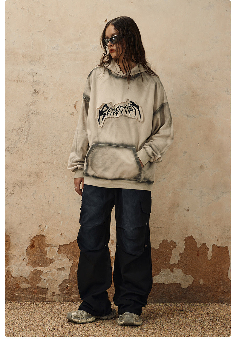 Embroidered Frayed Hem Loose Hoodie