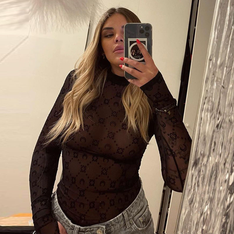 Women's Mesh See-Through Long Sleeve Slim Top