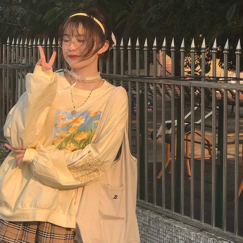 Japanese Floral Print Long-Sleeve Sweet Pullover Top