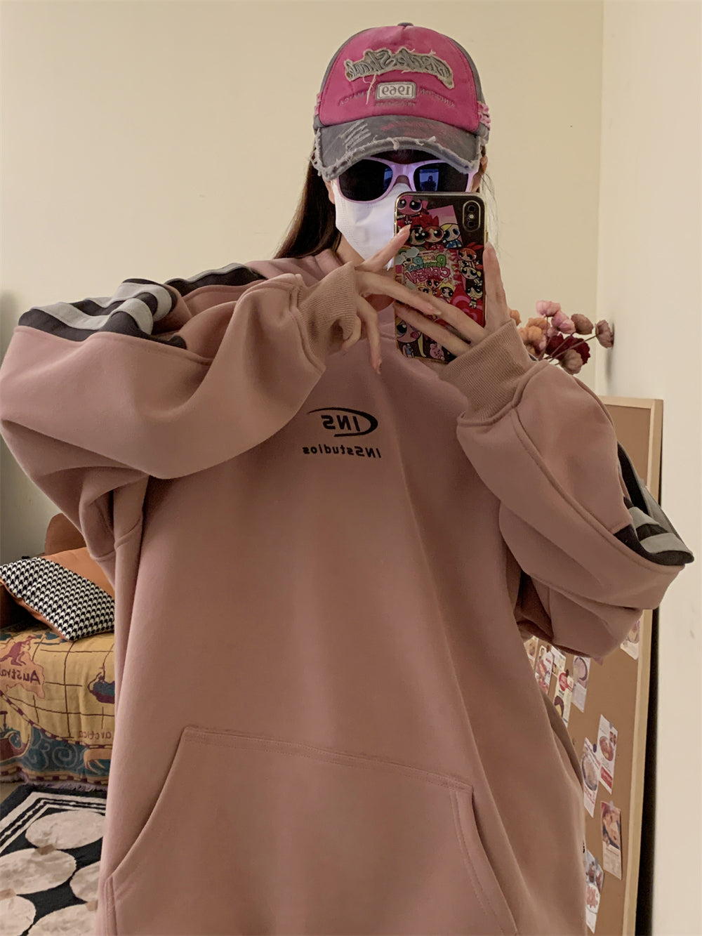 Fleece-Lined Striped Raglan Sleeve Hoodie