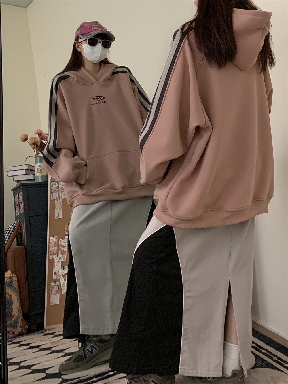 Fleece-Lined Striped Raglan Sleeve Hoodie