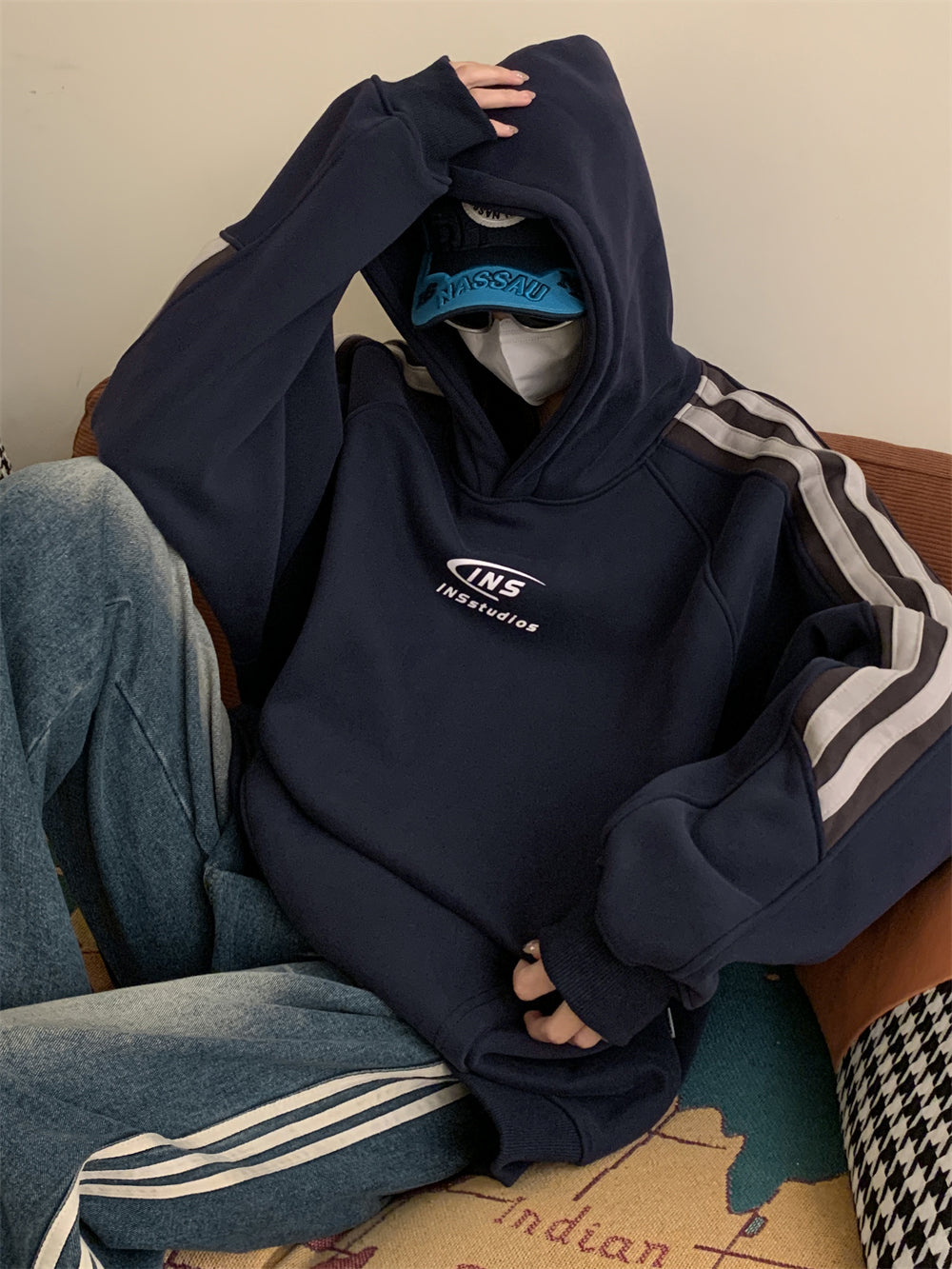 Fleece-Lined Striped Raglan Sleeve Hoodie