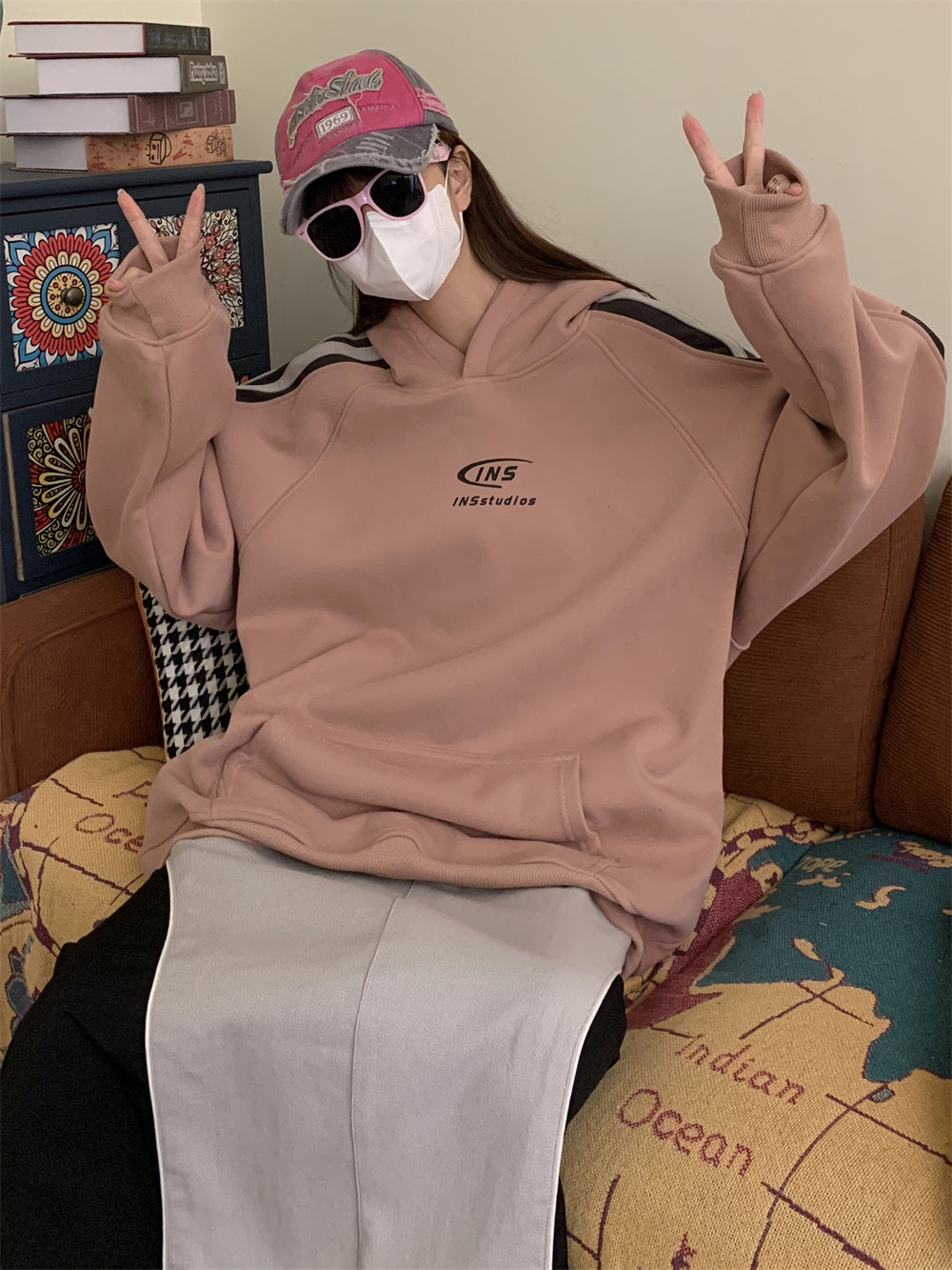 Fleece-Lined Striped Raglan Sleeve Hoodie