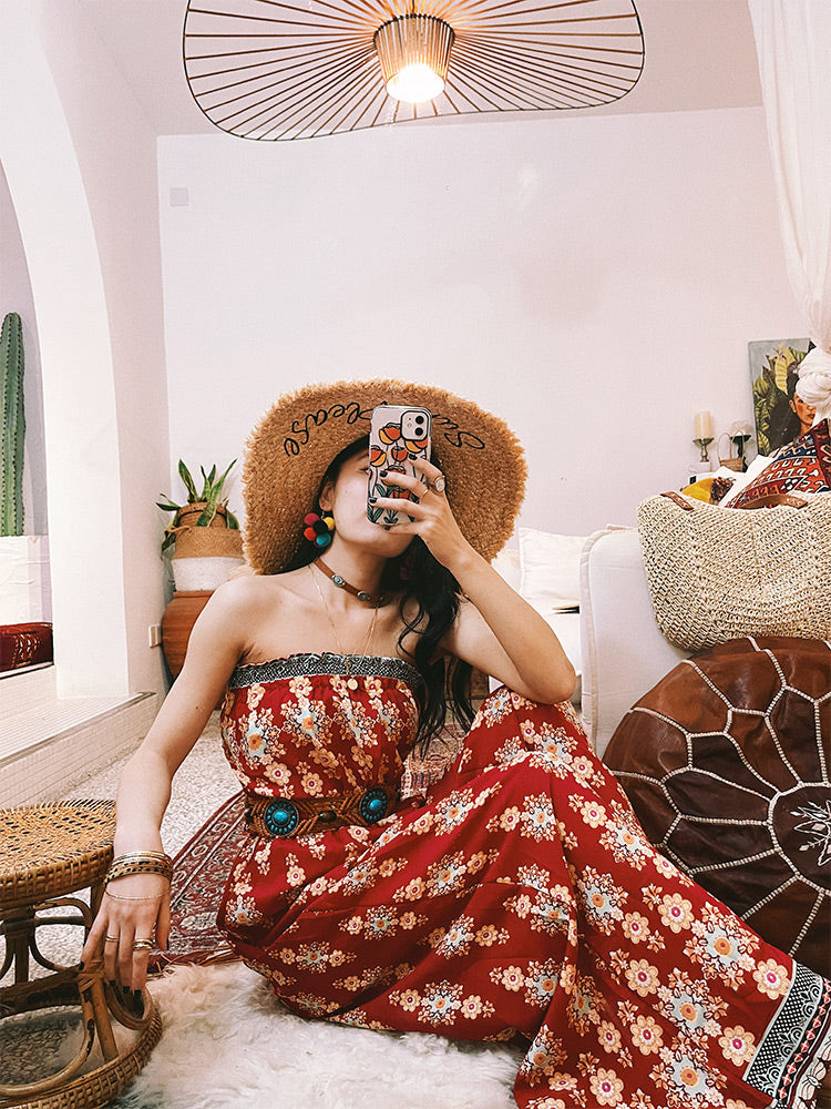 Red High-Waist Tube Top Wide Leg Jumpsuit