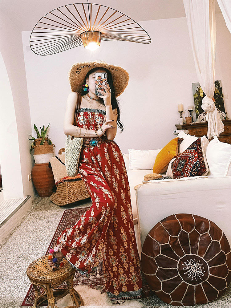 Red High-Waist Tube Top Wide Leg Jumpsuit