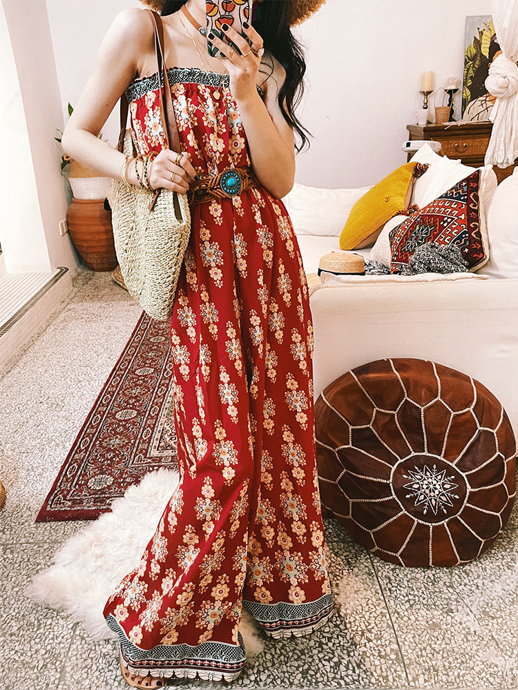 Red High-Waist Tube Top Wide Leg Jumpsuit