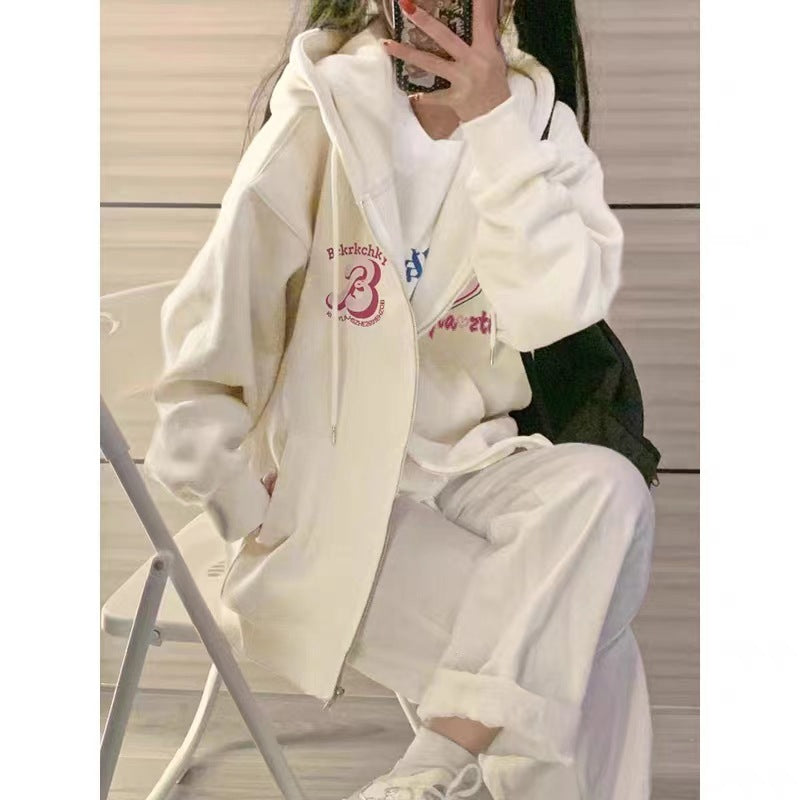 Women's Embroidered Zipper Hooded Cardigan Sweater